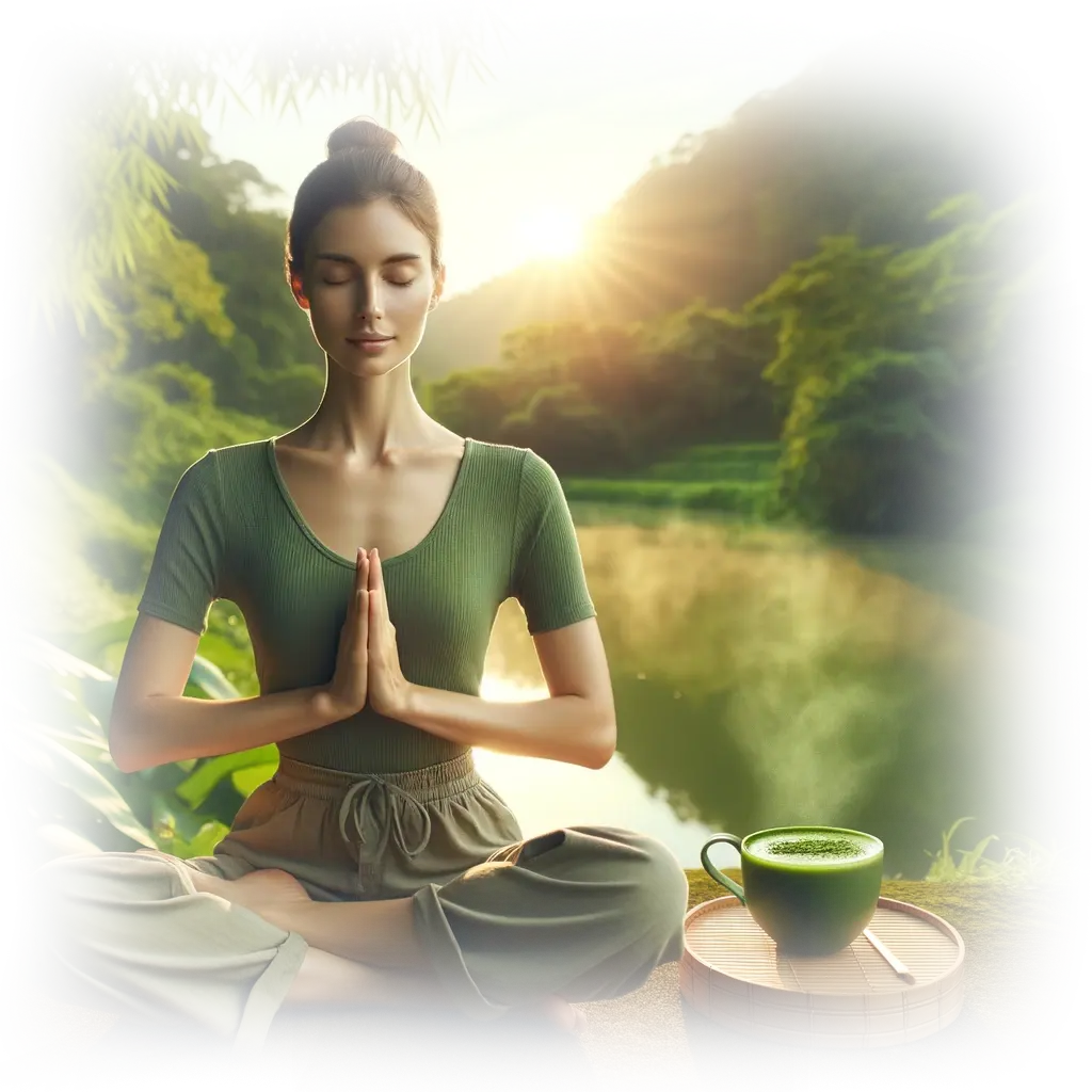 Persona che medita serenamente accanto a una tazza di Matcha Slim in un ambiente naturale