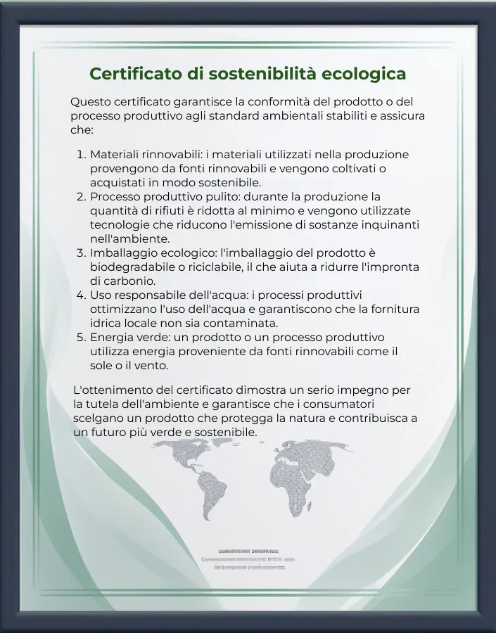 Certificato di Sostenibilità Ecologica in italiano